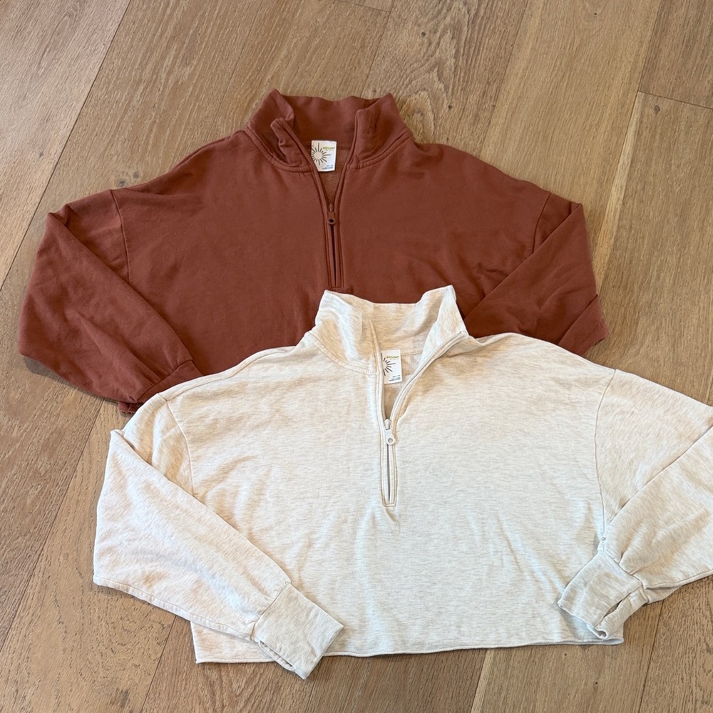 Women’s Aerie Cropped Quarter Zip Pullover Sweatshirt - Cream and Rust